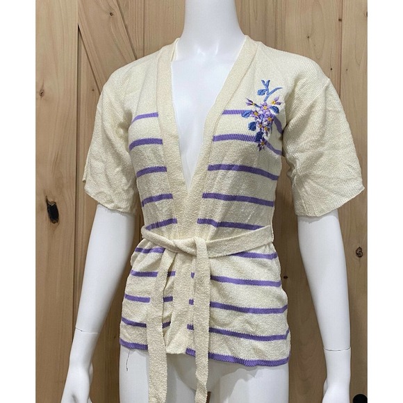 Vintage Cardigan Sweater Tie Belt Stripe Embroidered Flower Medium - Picture 9 of 9